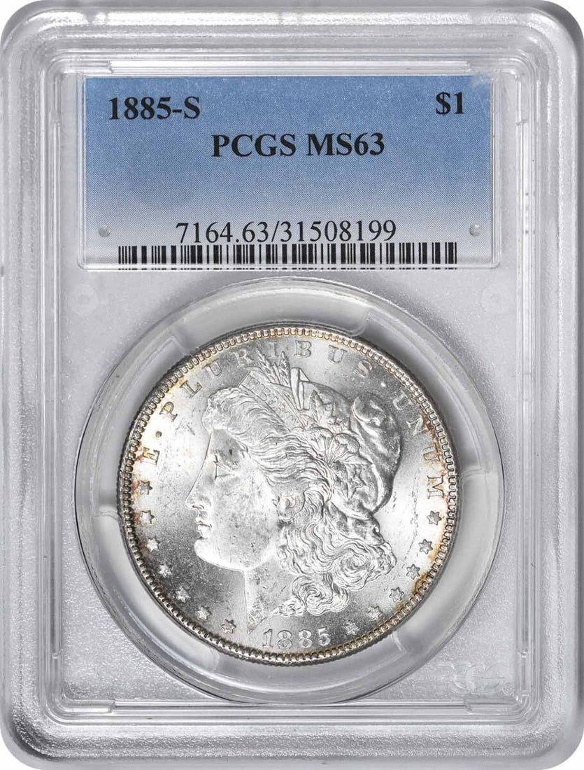 1885-S Morgan Silver Dollar MS63 PCGS Uncirculated Coin: 1885-S Morgan Silver Dollar MS63 PCGS Uncirculated Coin This 1885-S Morgan Silver Dollar is a stunning example of numismatic artistry, featuring the iconic design by George T. Morgan. Certified by PCG