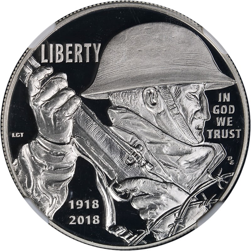 NGC Gem Proof 2018-P Silver Dollar World War I Centennial Commemorative: NGC Gem Proof 2018-P Silver Dollar World War I Centennial Commemorative This 2018-P World War I Centennial Commemorative Silver Dollar is graded as a Gem Proof by NGC. Struck at the Philadelphia Mint,