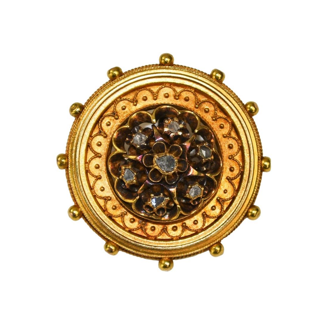 Antique Etruscan Revival 15k Gold Brooch with 7 Diamonds (1 of 5)