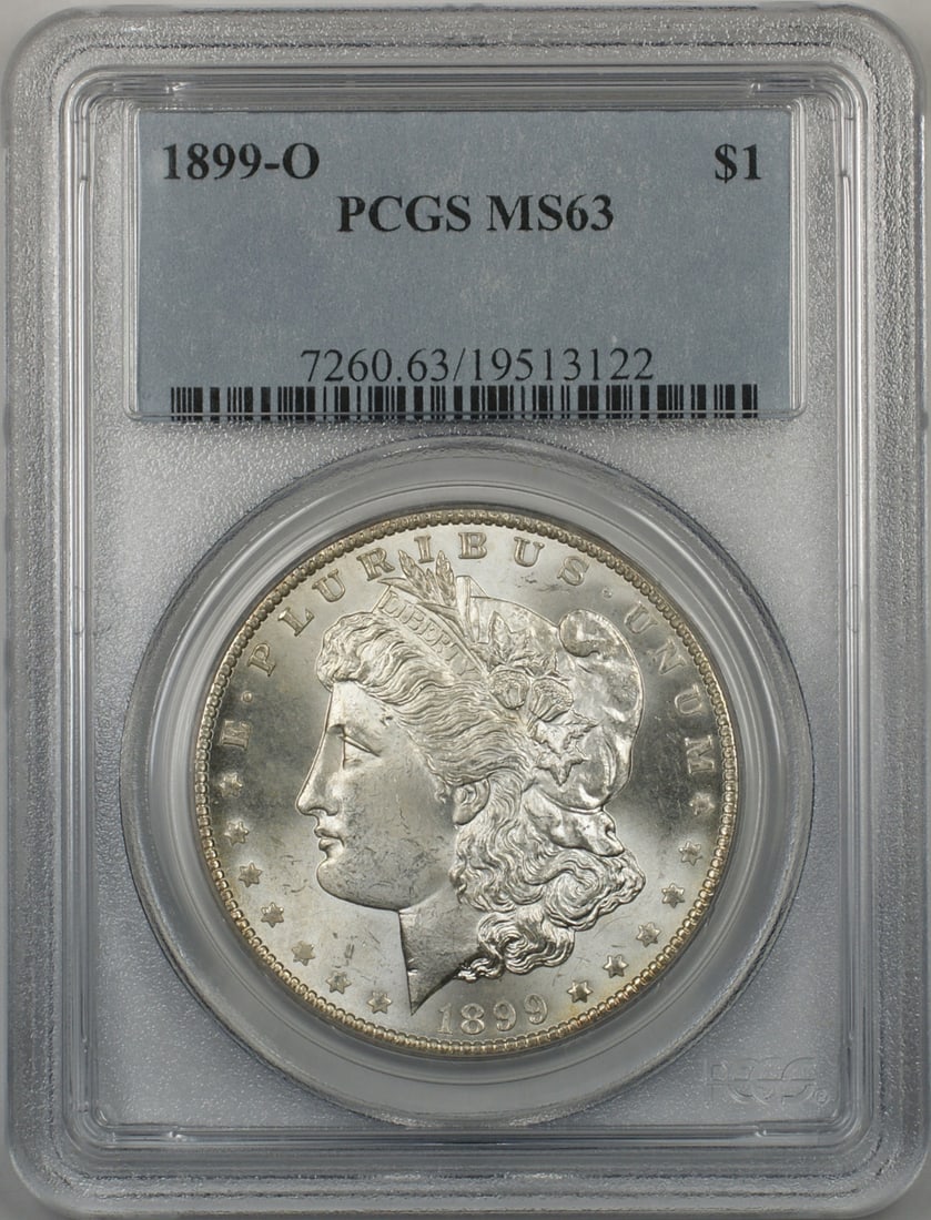 1899-O Morgan Silver Dollar Coin PCGS MS63 Uncirculated Silver: 1899-O Morgan Silver Dollar Coin PCGS MS63 Uncirculated Silver This 1899-O Morgan Silver Dollar is a stunning example of American coinage. Graded MS-63 by PCGS, this uncirculated coin showcases the ex