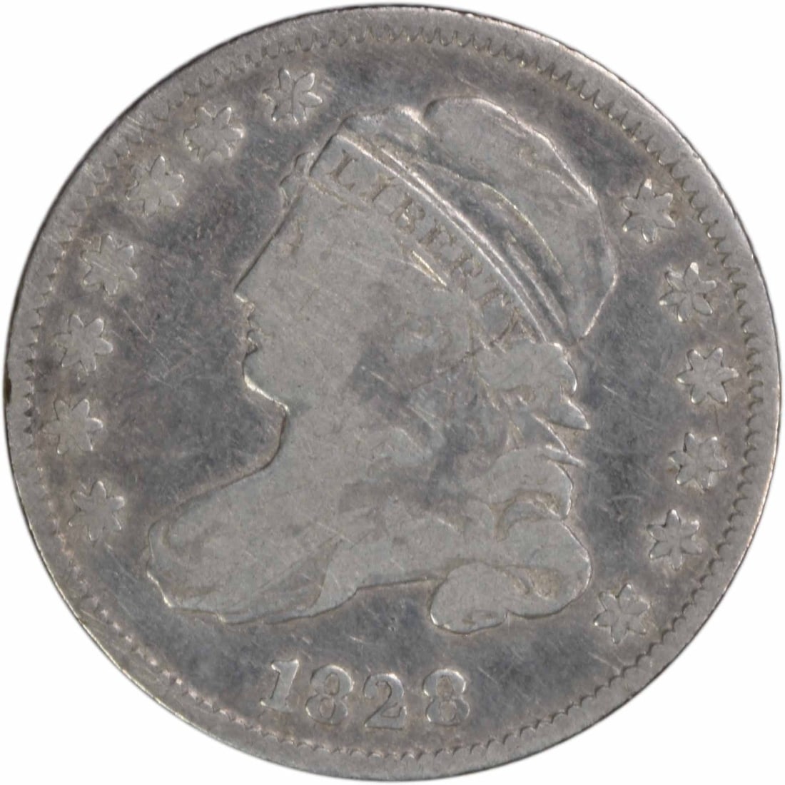 1828 Capped Bust Silver Dime 10C F Uncertified Philadelphia: 1828 Capped Bust Silver Dime 10C F Uncertified Philadelphia This 1828 Bust Silver Dime showcases the iconic Capped Bust design by John Reich. Minted in Philadelphia, this coin is made of 89.2% silver