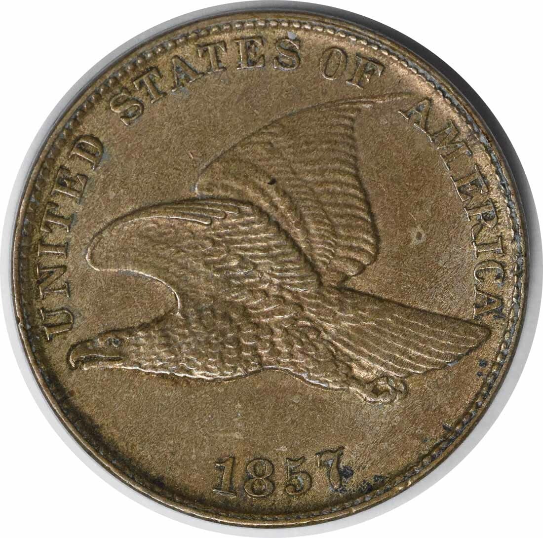 1857 Flying Eagle Cent AU Uncertified Philadelphia Mint: 1857 Flying Eagle Cent AU Uncertified Philadelphia Mint This 1857 Flying Eagle Cent is a notable piece from the Philadelphia Mint, featuring a design by James Barton Longacre. It is categorized as an