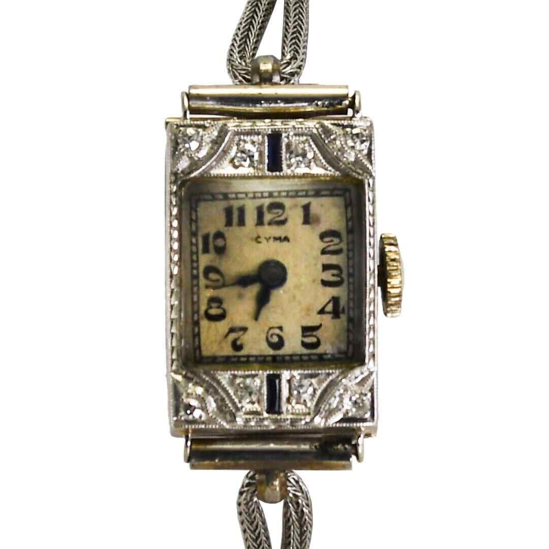Vintage Cyma 18K White Gold Women's Watch with Diamonds and Sapphires (1 of 5)