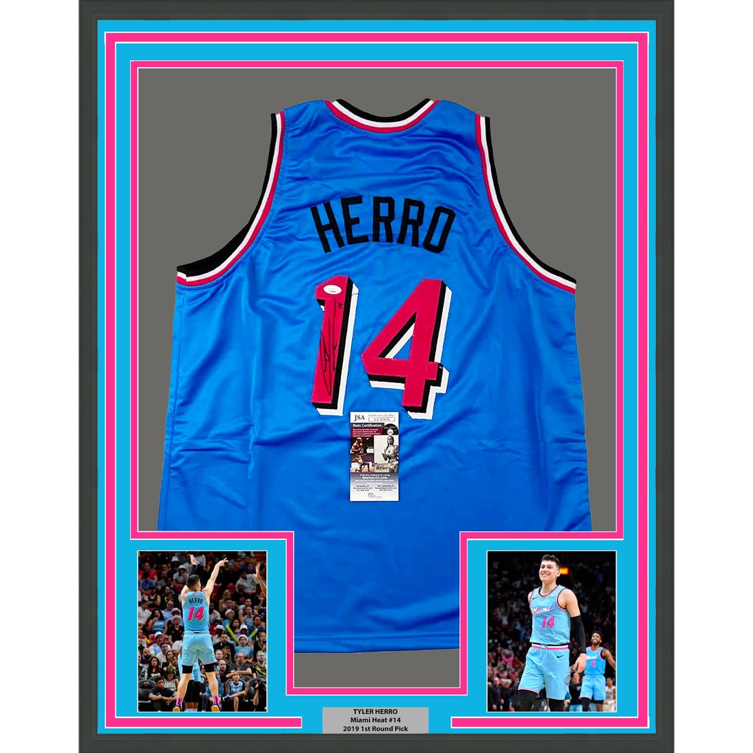 Framed Autographed Tyler Herro Miami Heat Vice City Jersey JSA COA: Framed Autographed Tyler Herro Miami Heat Vice City Jersey JSA COA This professionally framed and matted collectible features an autographed Tyler Herro Miami Blue Vice City jersey, authenticated by J
