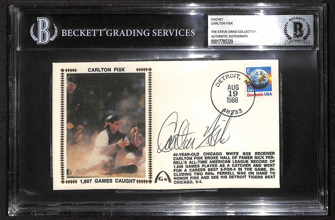 Carlton Fisk Signed First Day Cover BECKETT Encapsulated White Sox HOF: Carlton Fisk Signed First Day Cover BECKETT Encapsulated White Sox HOF This Carlton Fisk signed First Day Cover is postmarked August 19, 1988, from Detroit, MI, commemorating a significant achievement