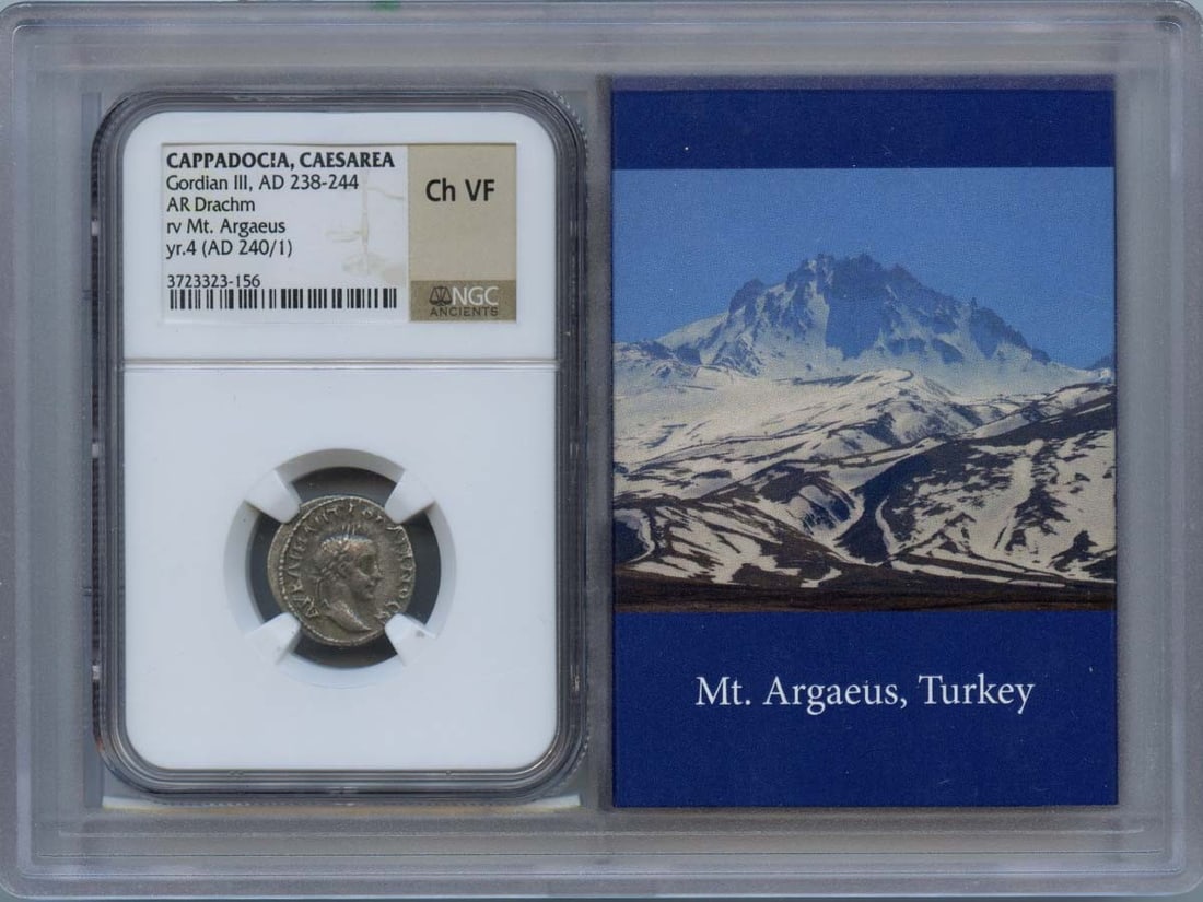 Gordian III Cappadocia AR Drachm NGC VF30 Ancient Roman Coin: Gordian III Cappadocia AR Drachm NGC VF30 Ancient Roman Coin This ancient Roman drachm features Gordian III, minted in Cappadocia, Caesarea, during the years AD 238-244. The coin is certified by NGC w