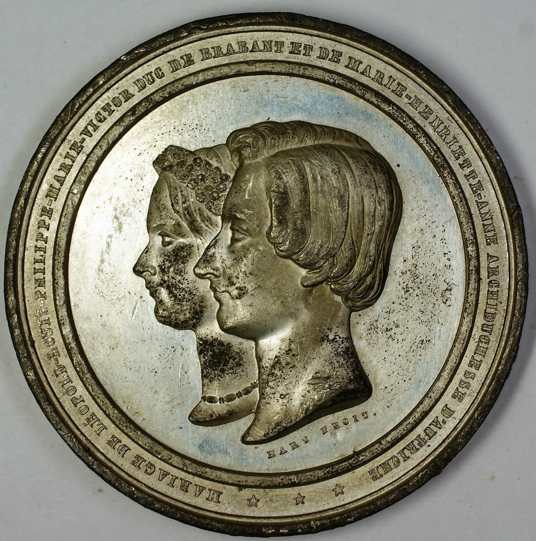 1853 Belgium Uncirculated Wedding Medal King Leopold Queen Marie Pewter: 1853 Belgium Uncirculated Wedding Medal King Leopold Queen Marie Pewter A stunning uncirculated medal commemorating the wedding of King Leopold and Queen Marie, crafted in Belgium. This exquisite piec