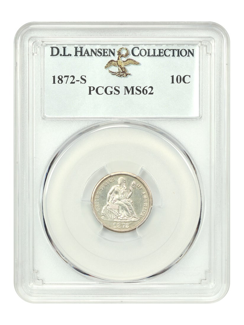 1872-S Liberty Seated Dime 10C PCGS MS62 Golden Iridescence: 1872-S Liberty Seated Dime 10C PCGS MS62 Golden Iridescence This 1872-S 10C Liberty Seated Dime is certified by PCGS with a grade of MS62 and features a beautiful golden iridescence along the edges th