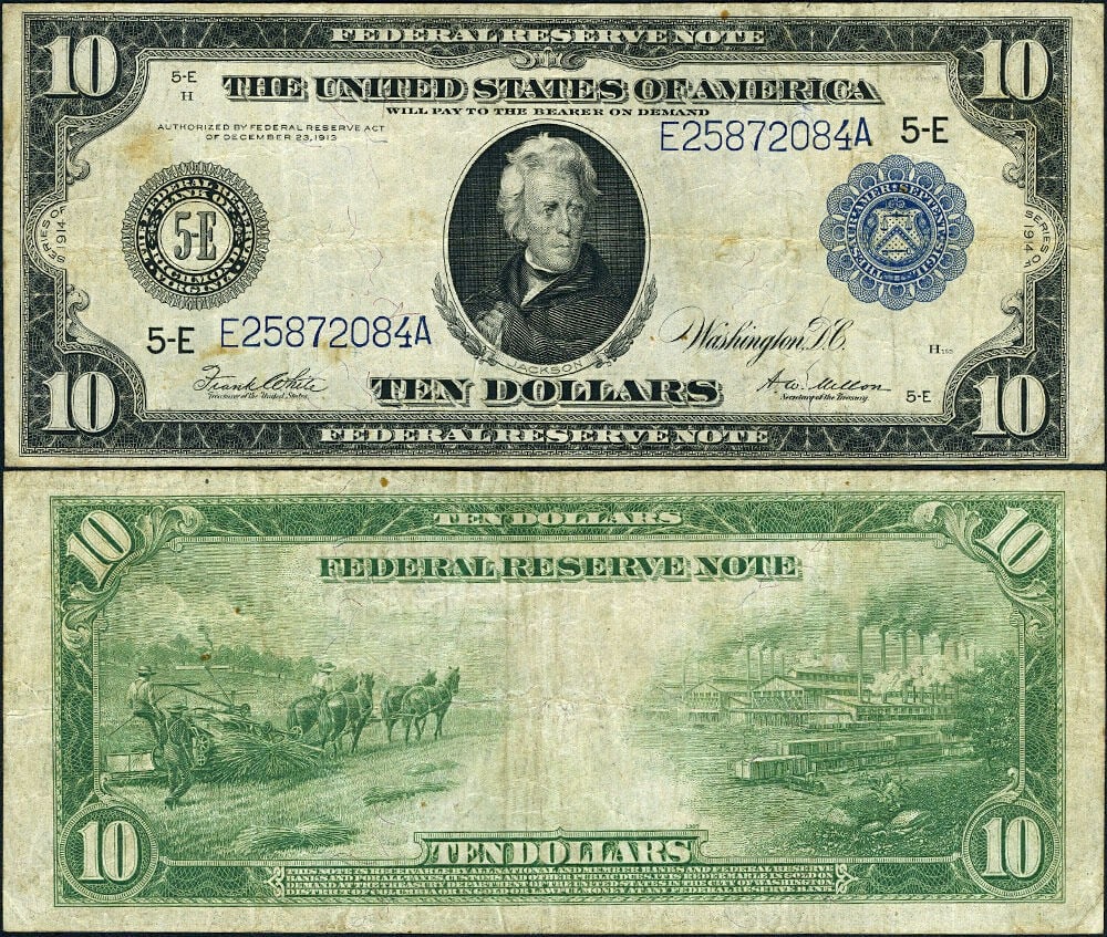 1914 $10 Federal Reserve Note FR. 923 Circulated VF+ (1 of 3)