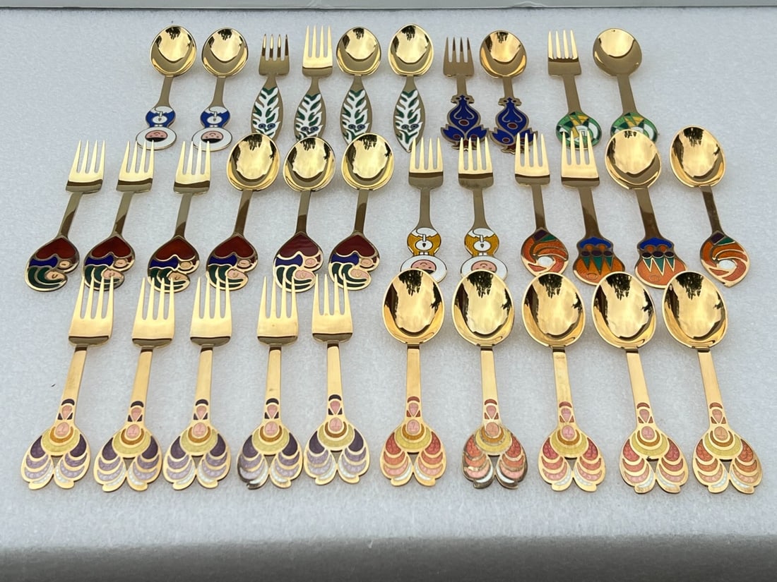 32 Piece A. Michelsen Danish Enameled Sterling Gold Plated Forks Spoons Set (1 of 16)
