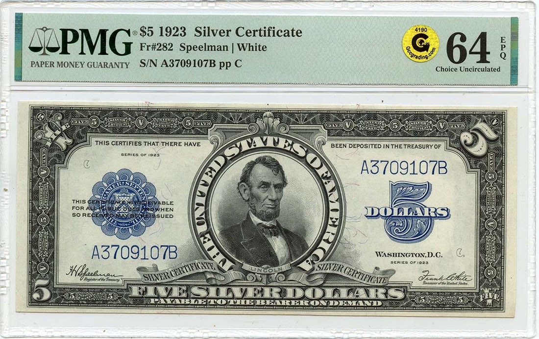 1923 $5 Silver Certificate PMG CU64 EPQ Choice Porthole (1 of 2)