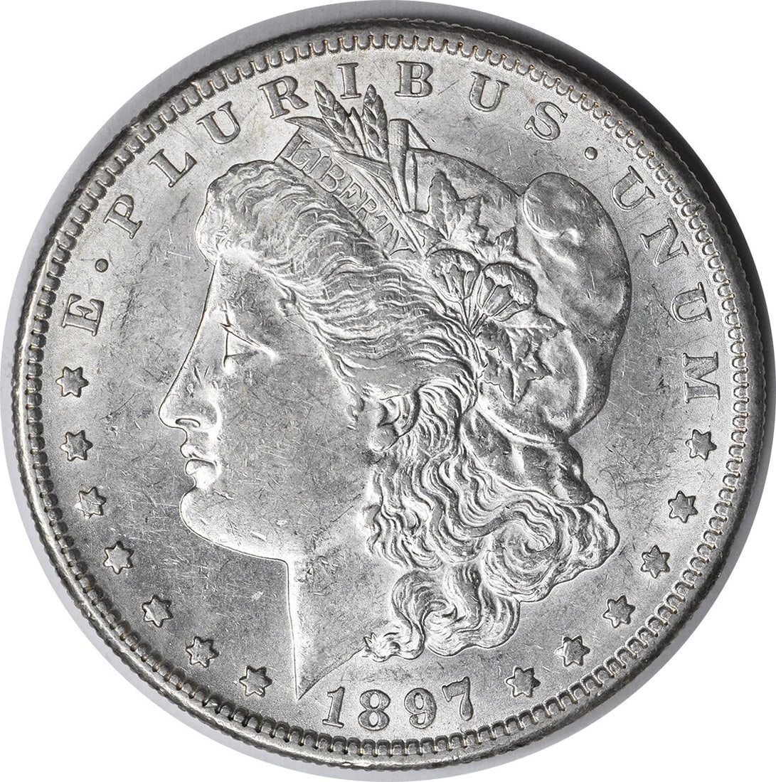 1897-S Morgan Silver Dollar AU Slider San Francisco 90% Silver: 1897-S Morgan Silver Dollar AU Slider San Francisco 90% Silver This 1897-S Morgan Silver Dollar is a stunning example of American numismatics, featuring a grade of Almost Uncirculated (AU). Struck in