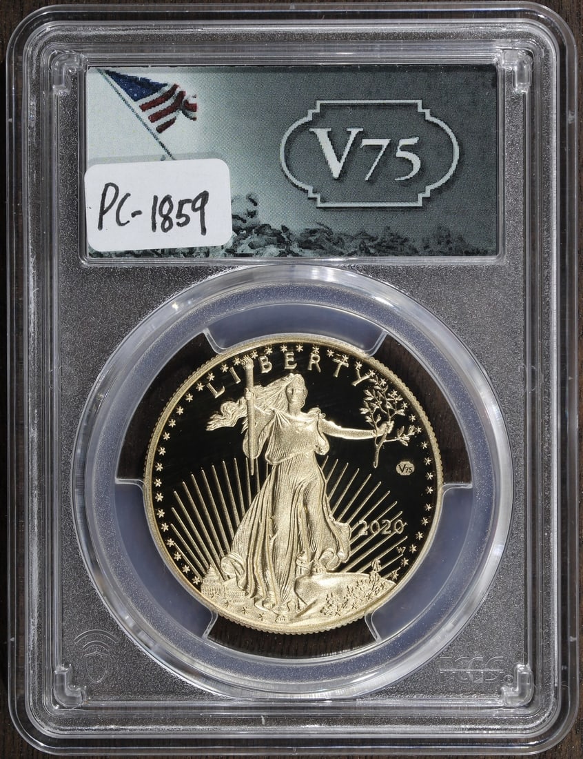 PR70 Proof 2020-W V75 Gold American Eagle 1 oz PCGS Certified $50 Coin: PR70 Proof 2020-W V75 Gold American Eagle 1 oz PCGS Certified $50 Coin This 2020-W V75 American Gold Eagle $50 coin is a proof strike commemorating the 75th anniversary of World War II. Graded PR70 De