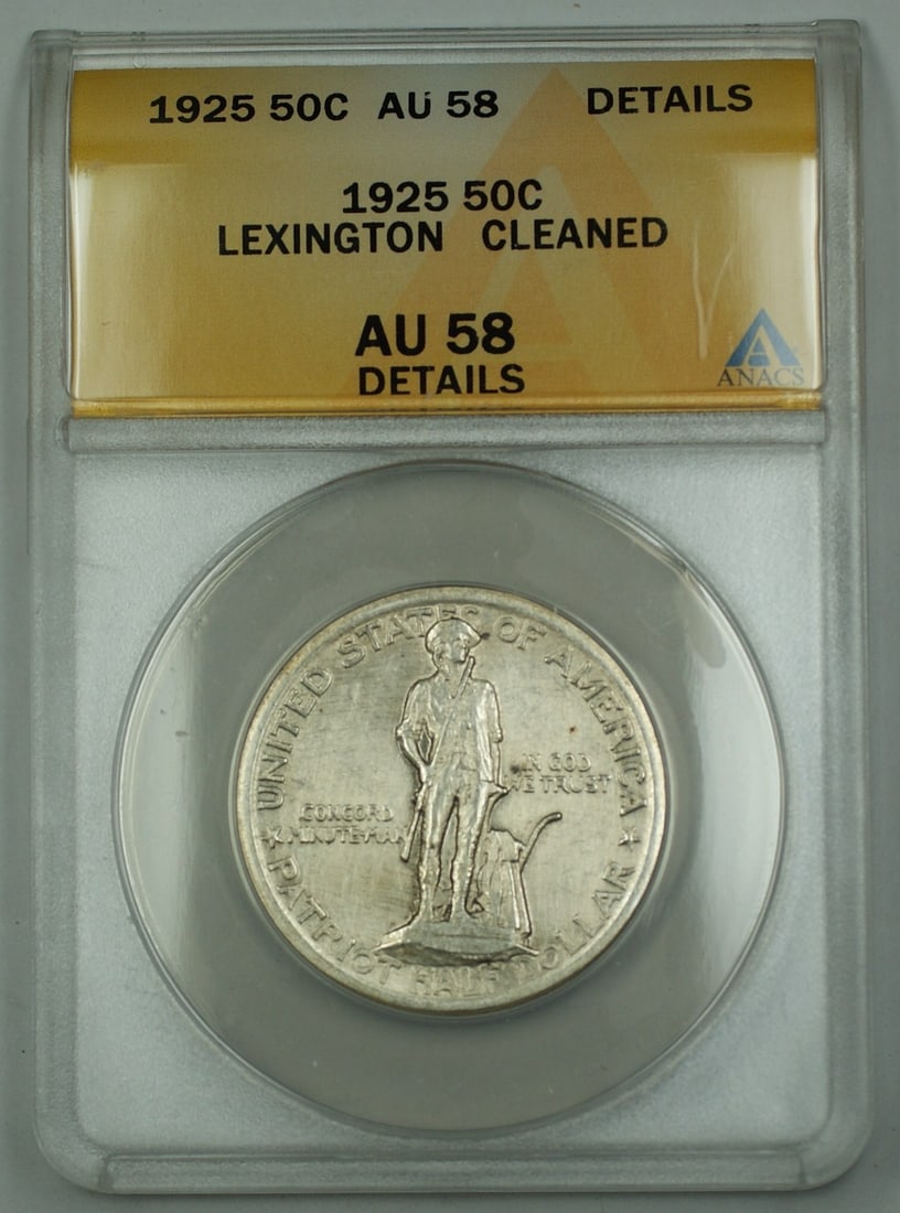 1925 Lexington Commemorative Silver Half Dollar Coin ANACS AU58: 1925 Lexington Commemorative Silver Half Dollar Coin ANACS AU58 This 1925 Lexington Commemorative Silver Half Dollar Coin is a remarkable piece minted in Philadelphia. It is certified by ANACS with a