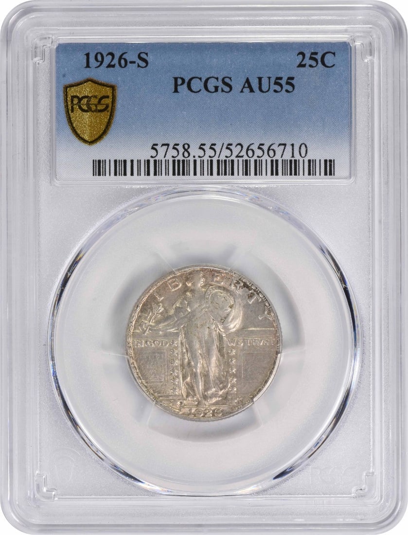 1926-S Standing Liberty Quarter AU55 PCGS Silver Coin: 1926-S Standing Liberty Quarter AU55 PCGS Silver Coin This 1926-S Standing Liberty Silver Quarter is an exceptional piece for any numismatic collection. Graded AU55 by PCGS, it features a beautiful de