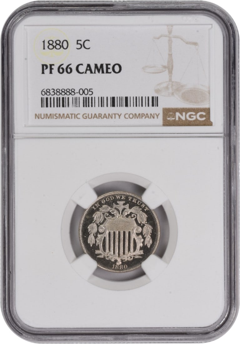 1880 Proof Shield Nickel Graded PR66CAM by NGC: 1880 Proof Shield Nickel Graded PR66CAM by NGC This 1880 Shield Nickel is a proof coin graded PR66 Cameo by NGC. Struck in Philadelphia, it features a composition of 75% copper and 25% nickel and was