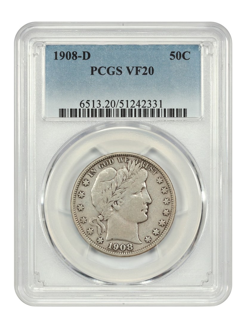 1908-D Barber Half Dollar 50C PCGS VF20 Certified Denver Mint (1 of 4)