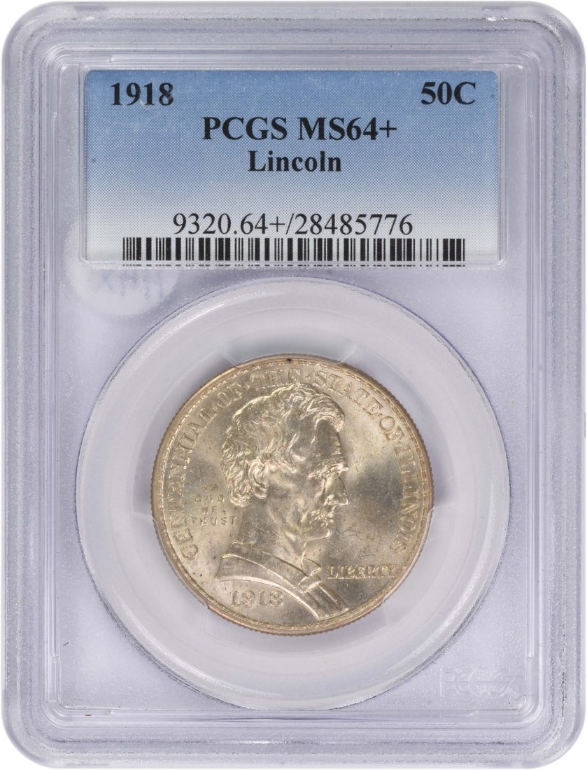 1918 Silver Half Dollar Lincoln Commemorative PCGS MS64 Plus: 1918 Silver Half Dollar Lincoln Commemorative PCGS MS64 Plus This 1918 Lincoln Commemorative Half Dollar is a silver coin from the United States, certified by PCGS with a grade of MS64+. It is an unci