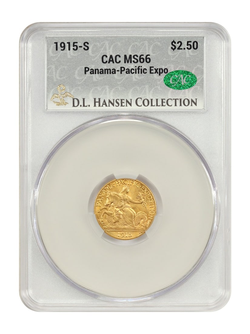 1915 San Francisco $2.50 Panama-Pacific Gold Commemorative CACG MS66 D L Hansen: 1915 San Francisco $2.50 Panama-Pacific Gold Commemorative CACG MS66 D L Hansen This 1915-S $2.50 Panama-Pacific gold coin is a certified Classic Gold Commemorative, graded MS66 by CACG. Struck at the