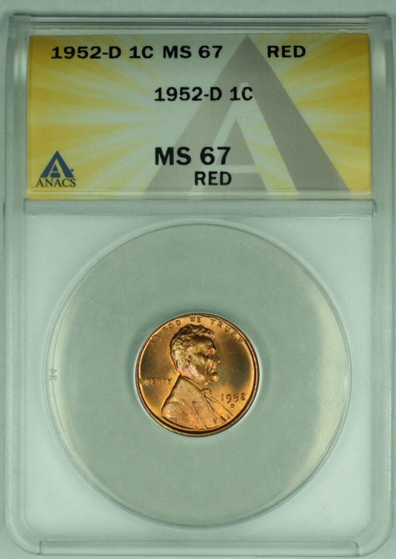 1952-D Lincoln Wheat Cent ANACS MS 67 RD Uncirculated Coin (1 of 2)