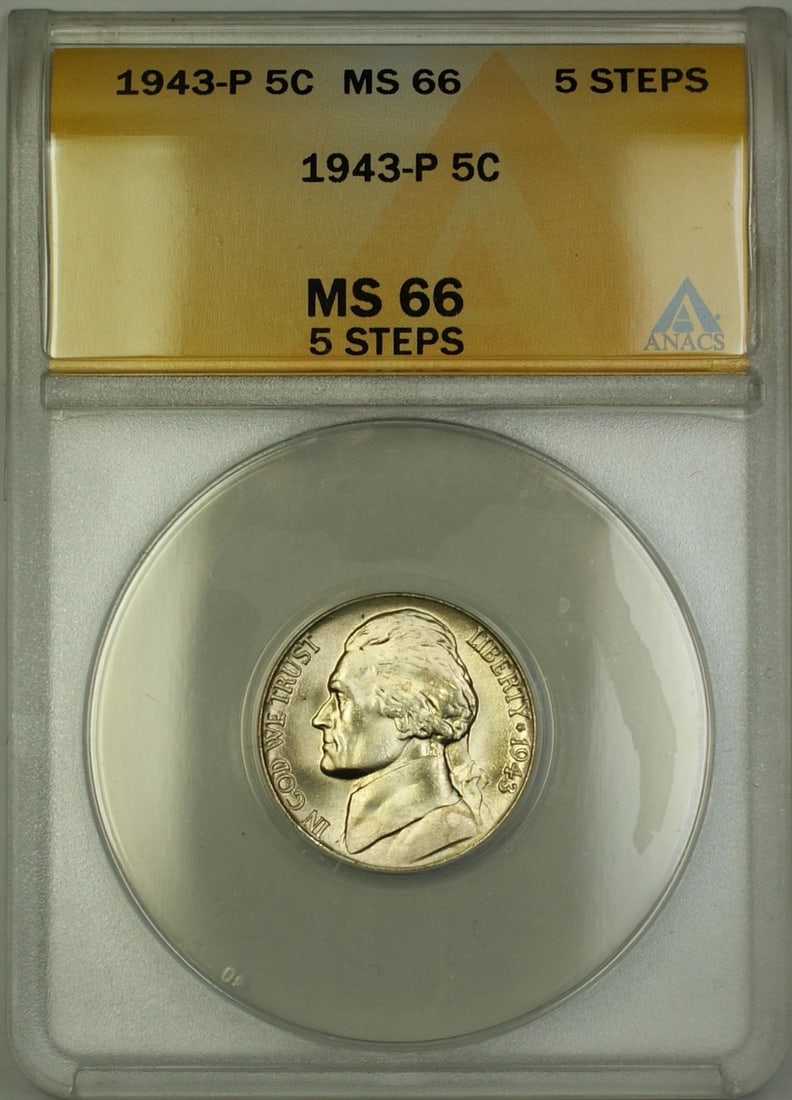 1943-P Jefferson Nickel 5C ANACS MS-66 Silver Coin: 1943-P Jefferson Nickel 5C ANACS MS-66 Silver Coin This 1943-P Jefferson Nickel is a remarkable example of U.S. wartime silver coins, certified by ANACS with a grade of MS-66. Produced in Philadelphia