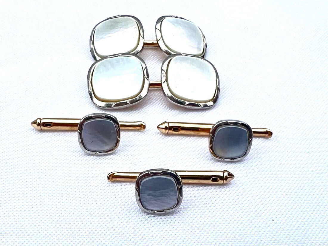 Larter & Sons Platinum Gold Mother of Pearl Cufflinks and Studs Set (1 of 11)