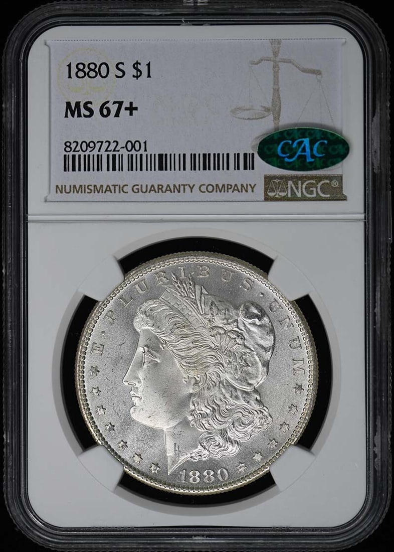 1880-S Morgan Dollar NGC MS67+ CAC Uncirculated Coin: 1880-S Morgan Dollar NGC MS67+ CAC Uncirculated Coin This 1880-S Morgan Dollar is a stunning example of numismatic artistry, certified by NGC with a remarkable grade of MS67+. This coin is uncirculate