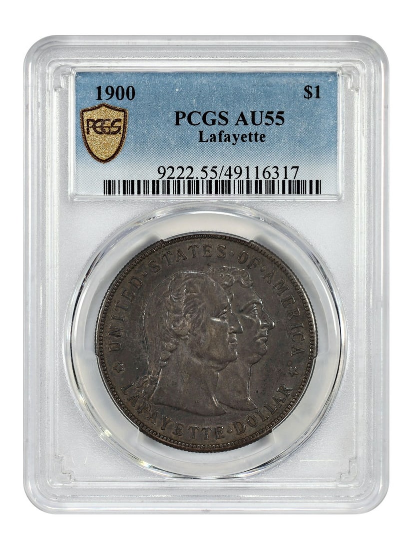Lafayette 1900 Silver Dollar PCGS AU55 Classic Commemorative Coin: Lafayette 1900 Silver Dollar PCGS AU55 Classic Commemorative Coin This 1900 Lafayette commemorative silver dollar is graded AU55 by PCGS. Issued by the Philadelphia Mint, it marks the first one-dollar