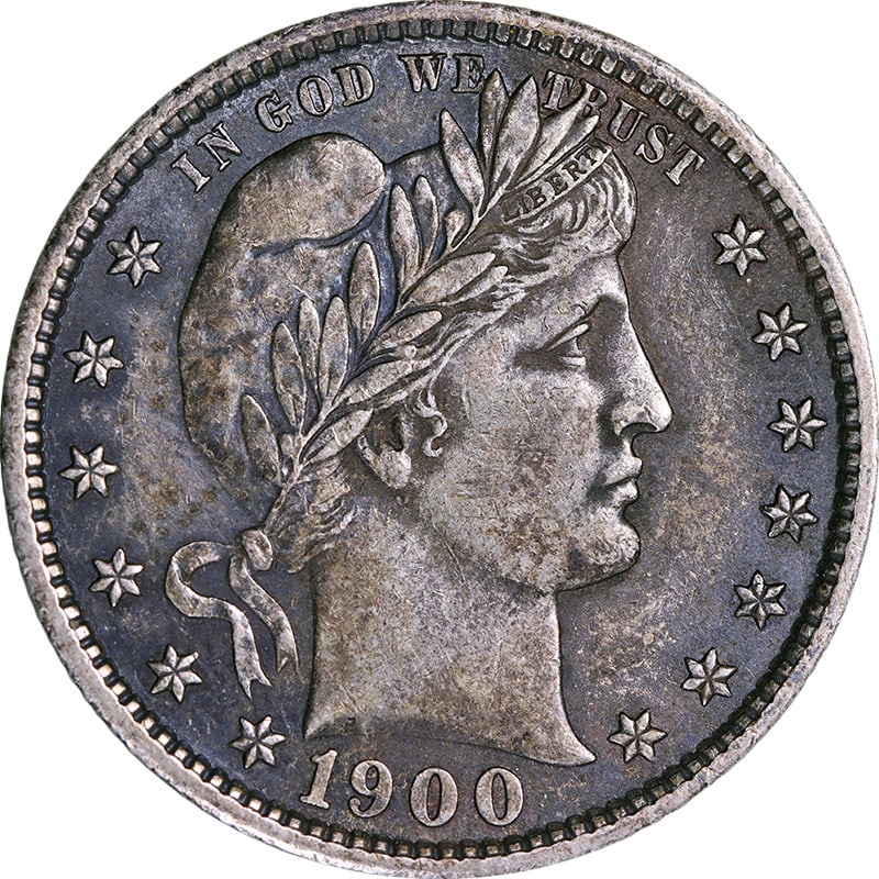 1900-P Barber Quarter AU Silver Strong Eye Appeal: 1900-P Barber Quarter AU Silver Strong Eye Appeal This 1900-P Barber Quarter is a remarkable piece showcasing nice eye appeal and a strong strike. It features beautiful color and well-preserved surfac