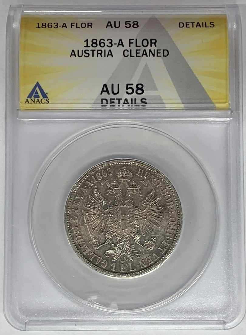1863-A Austria 1 Florin Silver Coin ANACS AU 58 Cleaned: 1863-A Austria 1 Florin Silver Coin ANACS AU 58 Cleaned This 1863-A Austria 1 Florin Coin is a remarkable collectible piece, featuring a composition of silver and graded AU 58 by ANACS. The coin, whic