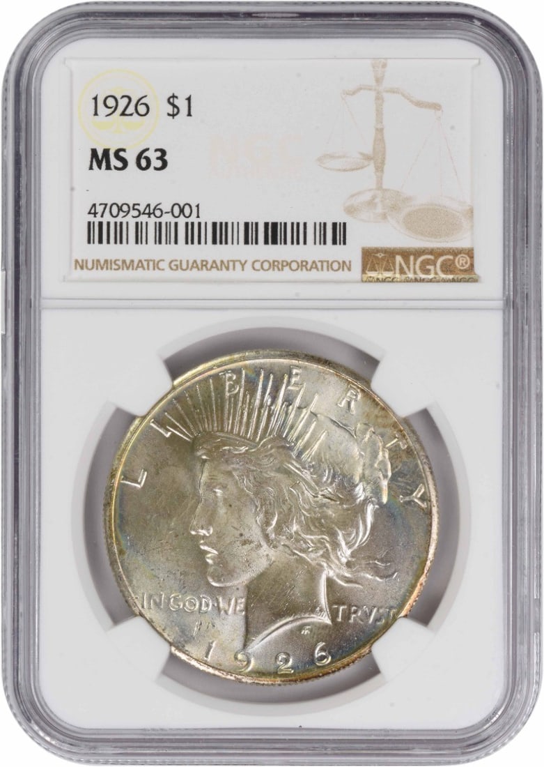 NGC Graded MS63 1926 Peace Dollar Silver Uncirculated Coin: NGC Graded MS63 1926 Peace Dollar Silver Uncirculated Coin This is a 1926 Peace Silver Dollar graded MS63 by NGC. The coin is uncirculated and was minted in the United States with no mint mark. Compos
