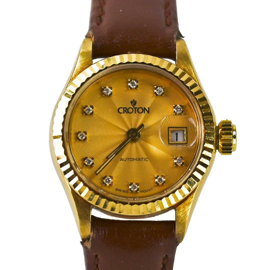 Croton Ladies 26mm Diamond Dial Wristwatch in 18k Yellow Gold with Leather Strap (1 of 8)