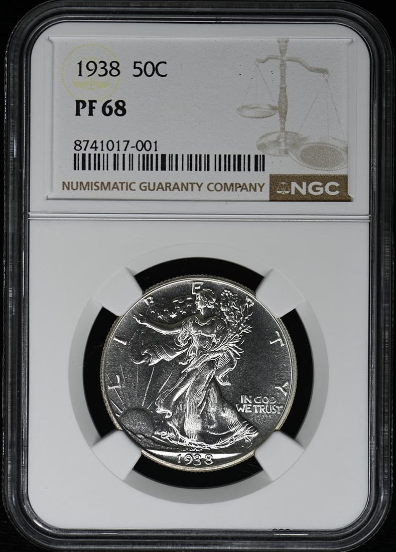 1938 Walking Liberty Half Dollar NGC PR68 Uncirculated: 1938 Walking Liberty Half Dollar NGC PR68 Uncirculated This stunning 1938 Walking Liberty Half Dollar showcases a pristine uncirculated condition, graded PR68 by NGC. Minted in Philadelphia, this proo