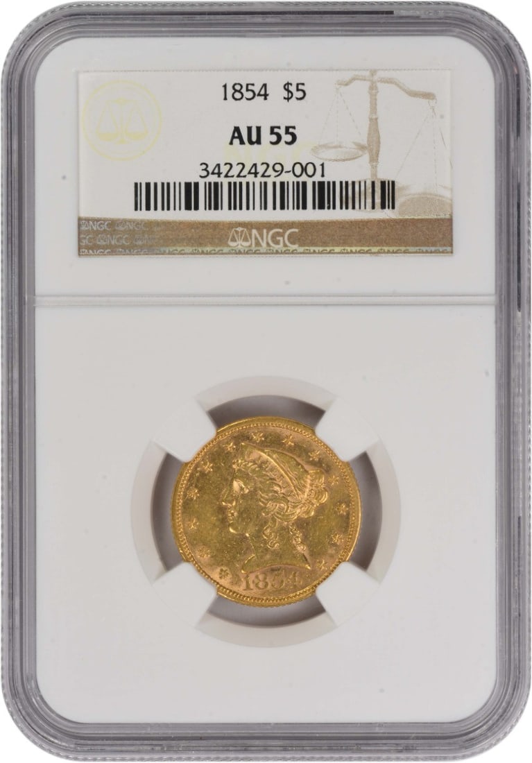 1854 Liberty Head $5 Gold Coin Graded AU55 by NGC (1 of 4)