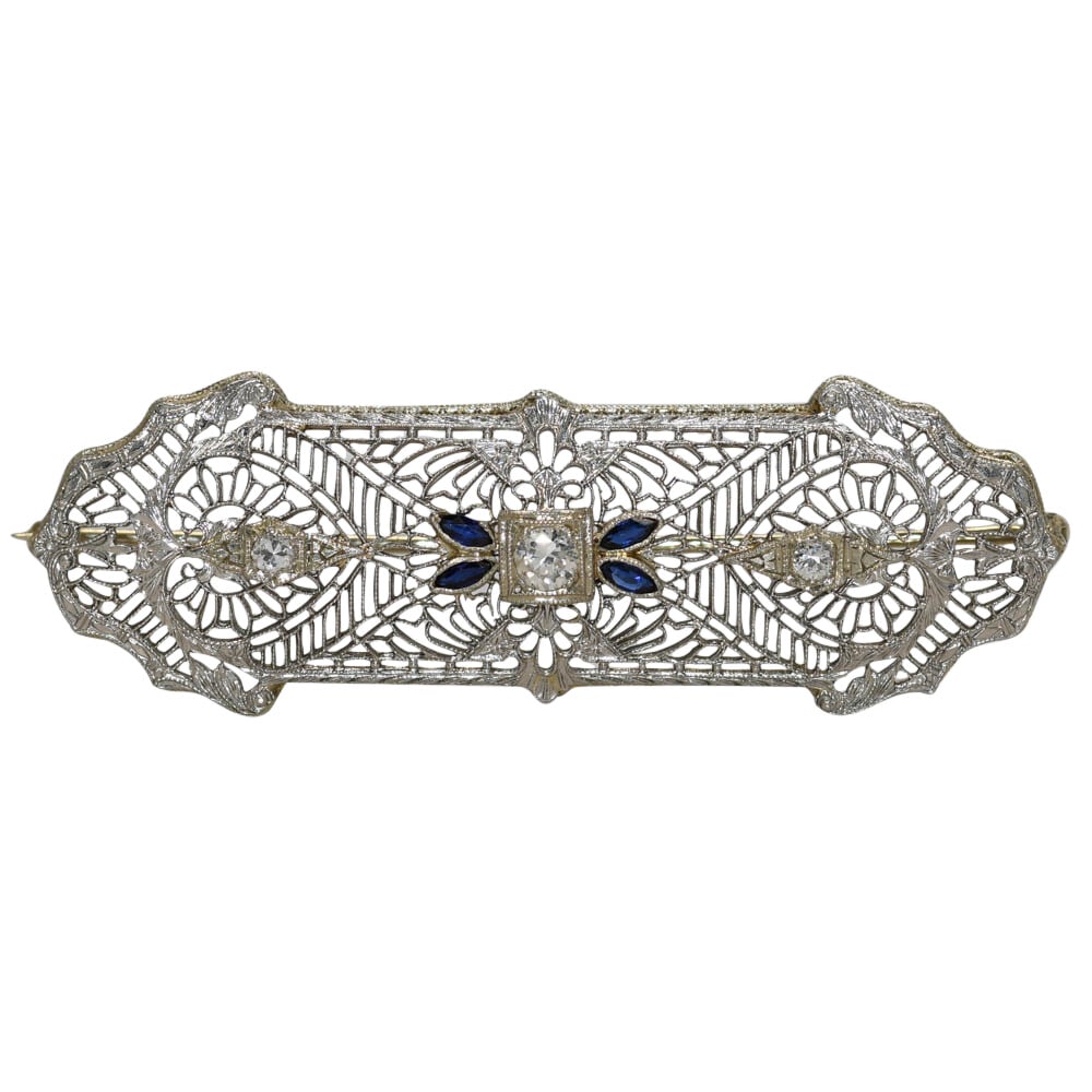 14K White Gold Art Deco Diamond Brooch with Blue Spinel Accents (1 of 1)