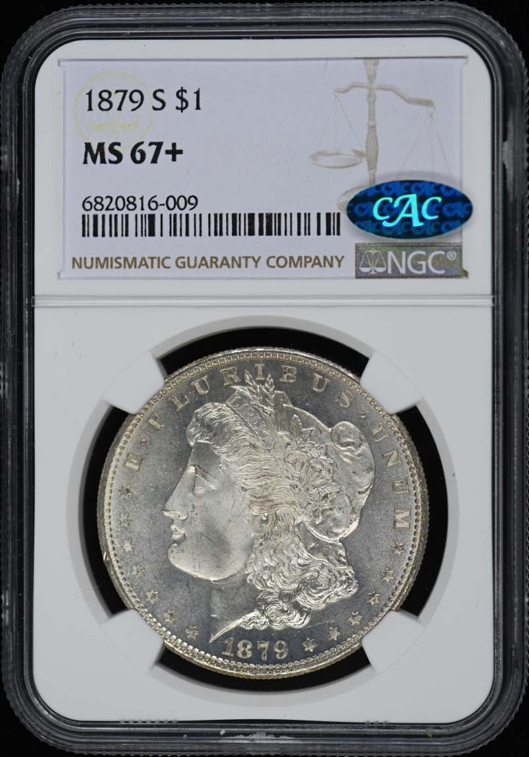 1879-S Morgan Dollar NGC MS67+ CAC San Francisco Uncirculated: 1879-S Morgan Dollar NGC MS67+ CAC San Francisco Uncirculated This 1879-S Morgan Dollar is a prestigious coin certified by NGC with a remarkable MS67+ grade, indicating its exceptional quality. Minted