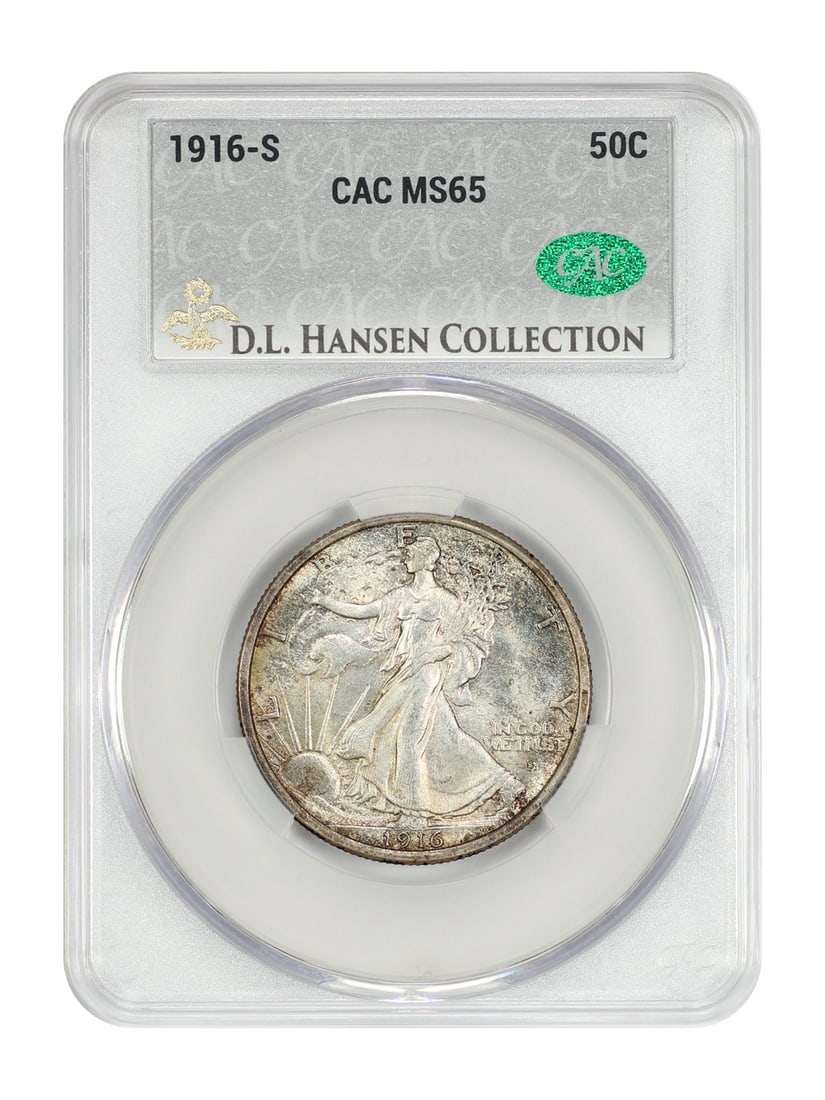 CACG MS65 1916-S Walking Liberty Half Dollar ex D.L. Hansen Scarce Issue: CACG MS65 1916-S Walking Liberty Half Dollar ex D.L. Hansen Scarce Issue This 1916-S Walking Liberty Half Dollar is certified by CACG with a grade of MS65. Struck at the San Francisco Mint, this uncir
