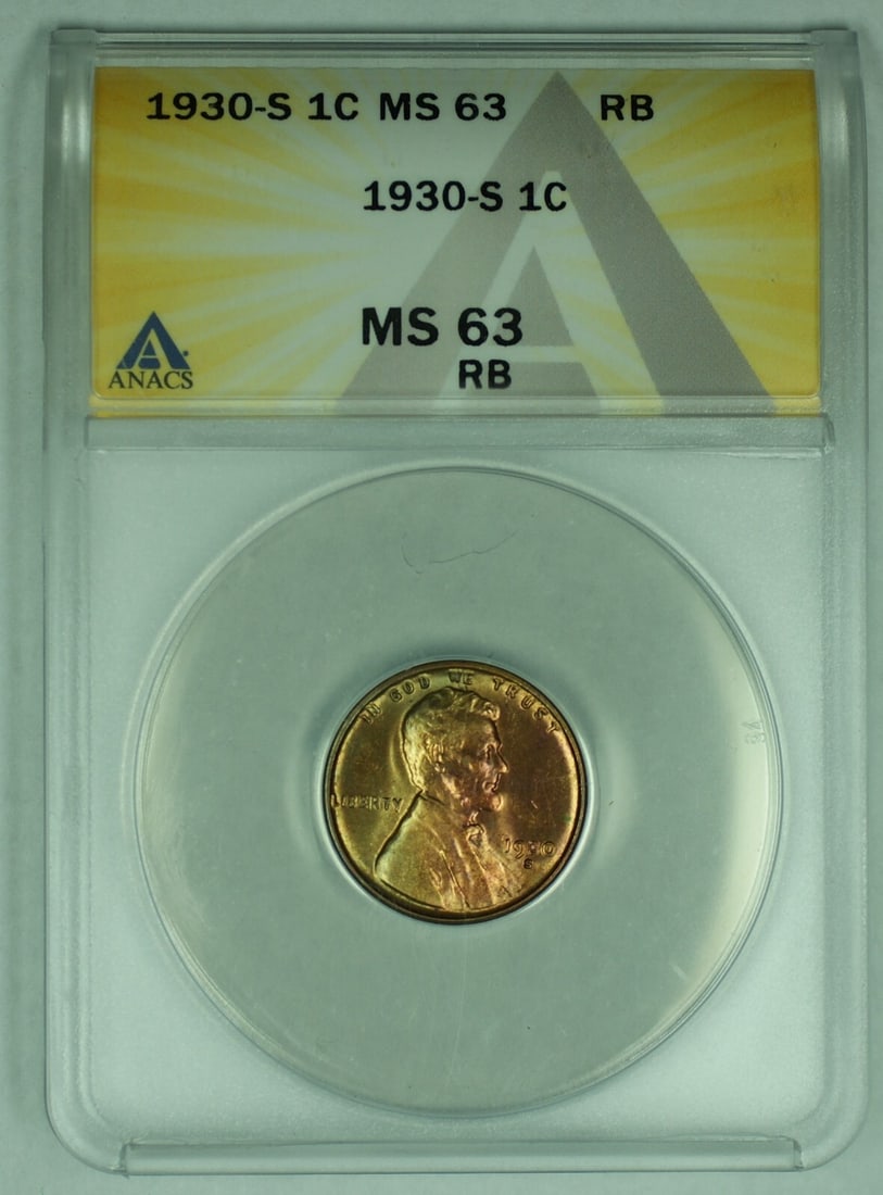 1930-S Lincoln Wheat Cent 1C ANACS MS 63 Red Brown Coin (1 of 2)