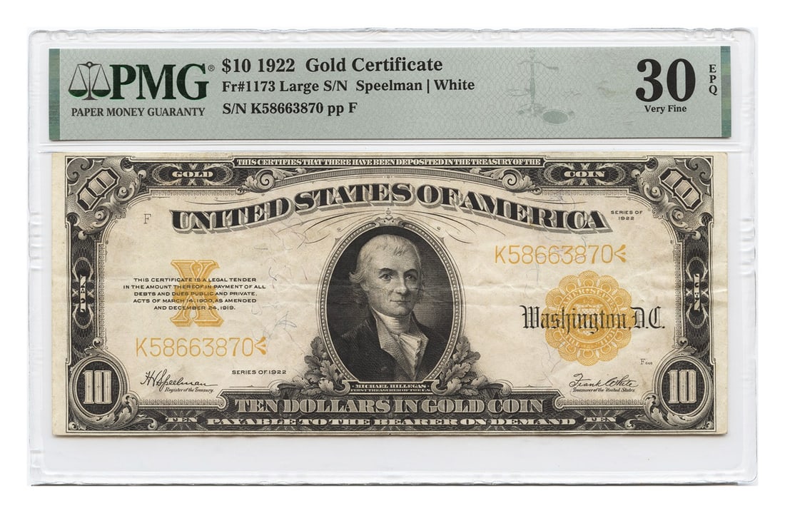 1922 $10 Gold Certificate FR. 1173 PMG VF30 EPQ Large Size (1 of 2)