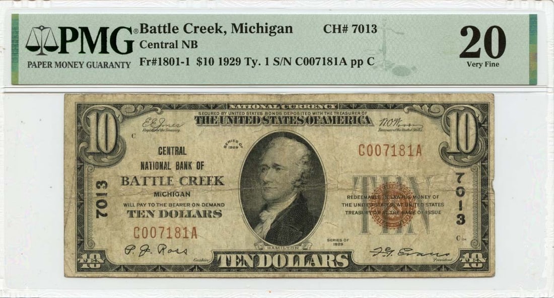 1929 $10 Central National Bank Battle Creek MI PMG VF20 Note (1 of 2)