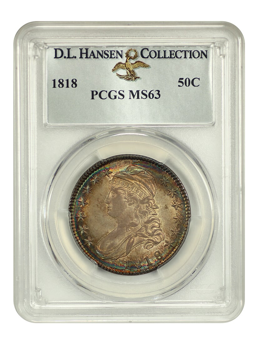 1818 Capped Bust Half Dollar PCGS MS63 D.L. Hansen: 1818 Capped Bust Half Dollar PCGS MS63 D.L. Hansen This stunning 1818 Capped Bust Half Dollar is graded MS63 by PCGS and comes with certification number 25223382. This uncirculated coin showcases a re