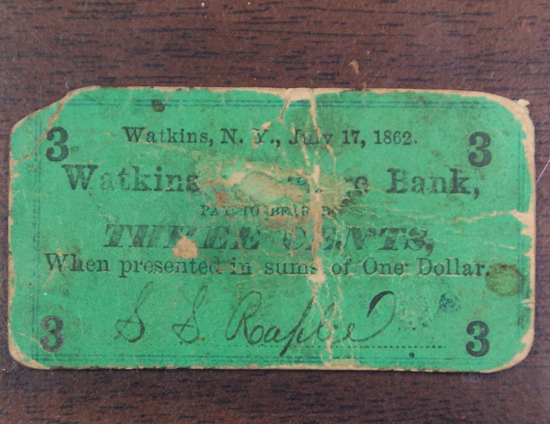 1862 3 Cent Obsolete Banknote S.S. Raplee Watkins NY (1 of 1)