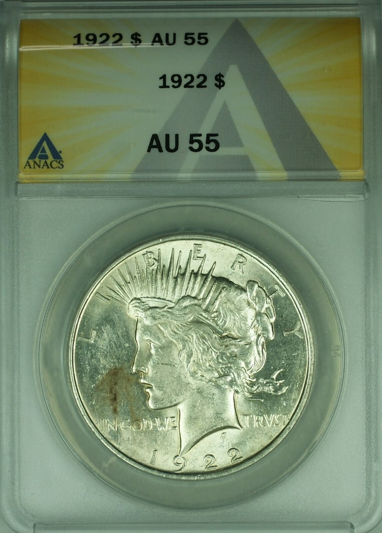 1922 Peace Silver Dollar $1 ANACS AU 55 Certified Coin: 1922 Peace Silver Dollar $1 ANACS AU 55 Certified Coin This 1922 Peace Silver Dollar is a remarkable addition to any coin collection. Certified by ANACS with a grade of AU-55, this coin showcases the