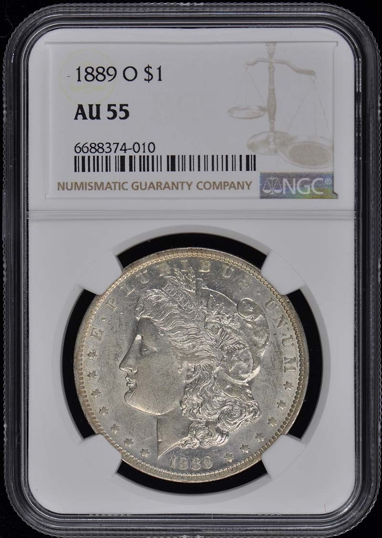 1889-O Morgan Dollar NGC AU55 Certified New Orleans Coin: 1889-O Morgan Dollar NGC AU55 Certified New Orleans Coin This 1889-O Morgan Dollar showcases a rich history, minted in New Orleans and graded AU55 by NGC. The coin is circulated, reflecting its journe