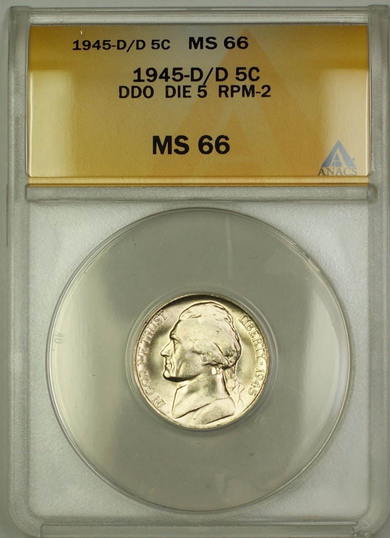 1945 D/D RPM-2 DDO Silver Jefferson Nickel ANACS MS-66: 1945 D/D RPM-2 DDO Silver Jefferson Nickel ANACS MS-66 This remarkable 1945-D/D RPM-2 DDO Die 5 Wartime Silver Jefferson Nickel is certified by ANACS with a high grade of MS-66, indicating its uncircu