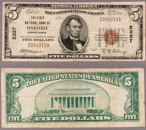 1929 T-1 $5 National Bank Note Oakdale PA Ch #5327 (1 of 1)