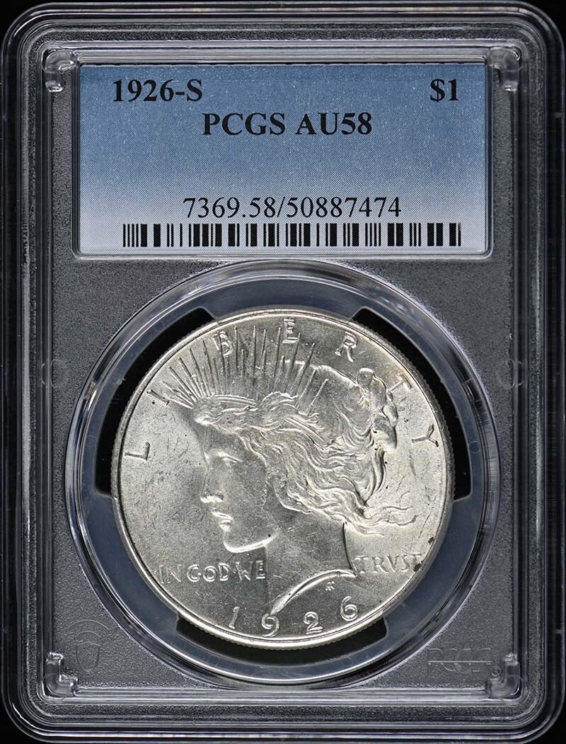 1926-S Peace Dollar AU58 PCGS Certified San Francisco Mint: 1926-S Peace Dollar AU58 PCGS Certified San Francisco Mint This 1926-S Peace Dollar is certified by PCGS with a grade of AU58, indicating it is in high circulated condition. Minted in San Francisco, t