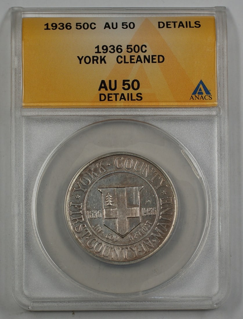 1936 York County Commemorative Silver Half Dollar ANACS AU 50: 1936 York County Commemorative Silver Half Dollar ANACS AU 50 This 1936 York County Commemorative Silver Half Dollar is a noteworthy collectible, graded AU 50 by ANACS. Featuring a composition of silv