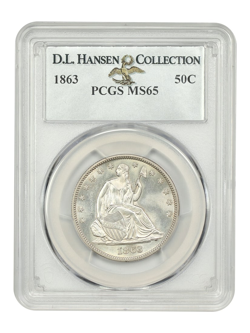 1863 Liberty Seated Half Dollar PCGS MS65 Uncirculated: 1863 Liberty Seated Half Dollar PCGS MS65 Uncirculated This stunning 1863 Liberty Seated Half Dollar, certified by PCGS with a grade of MS65, features a remarkable level of detail and luster. The coin