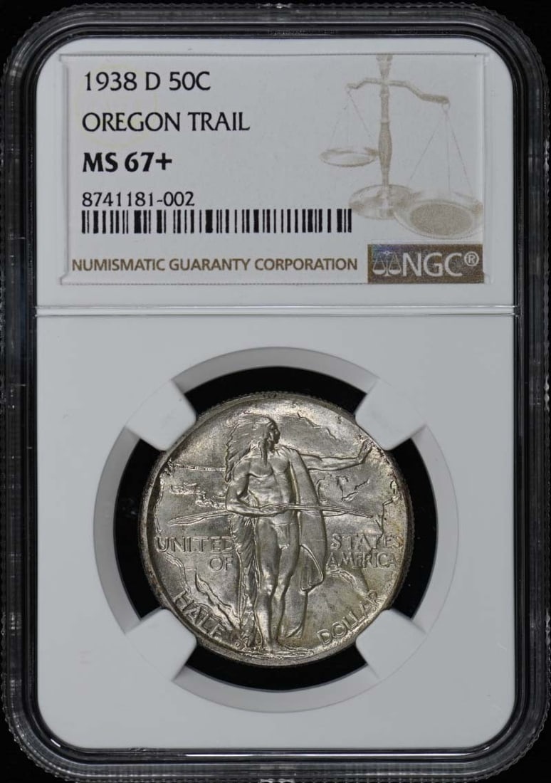 1938-D Oregon Silver Commemorative 50C NGC MS67+: 1938-D Oregon Silver Commemorative 50C NGC MS67+ This 1938-D Oregon Silver Commemorative 50C coin is a stunning piece of numismatic history, certified by NGC with an impressive grade of MS67+. Struck